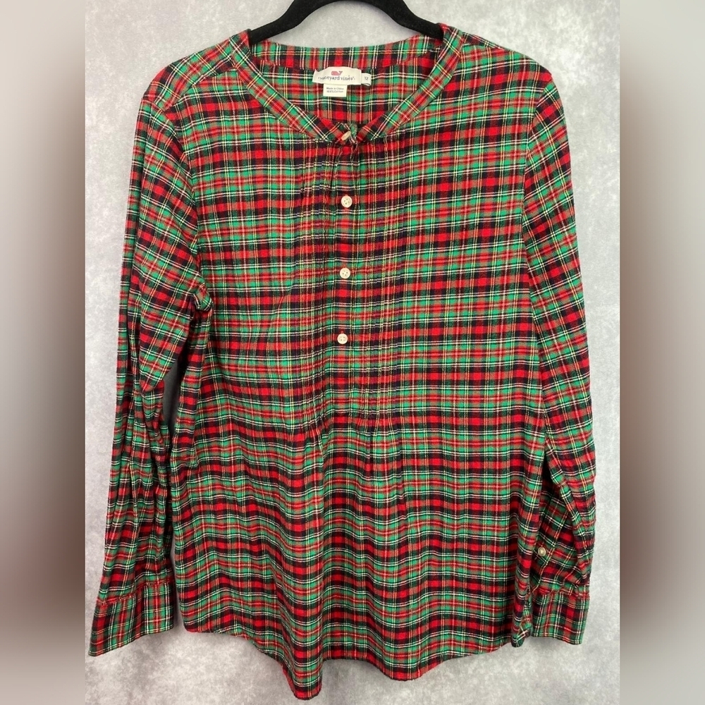 Vineyard Vines Women Size 12 Green Plaid Flannel Chest details Cotton Button Up‎